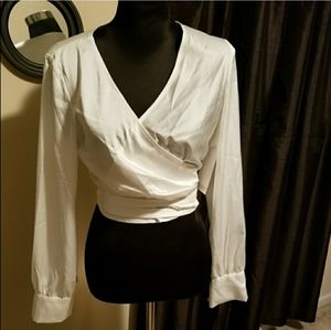 White satin wrap blouse top